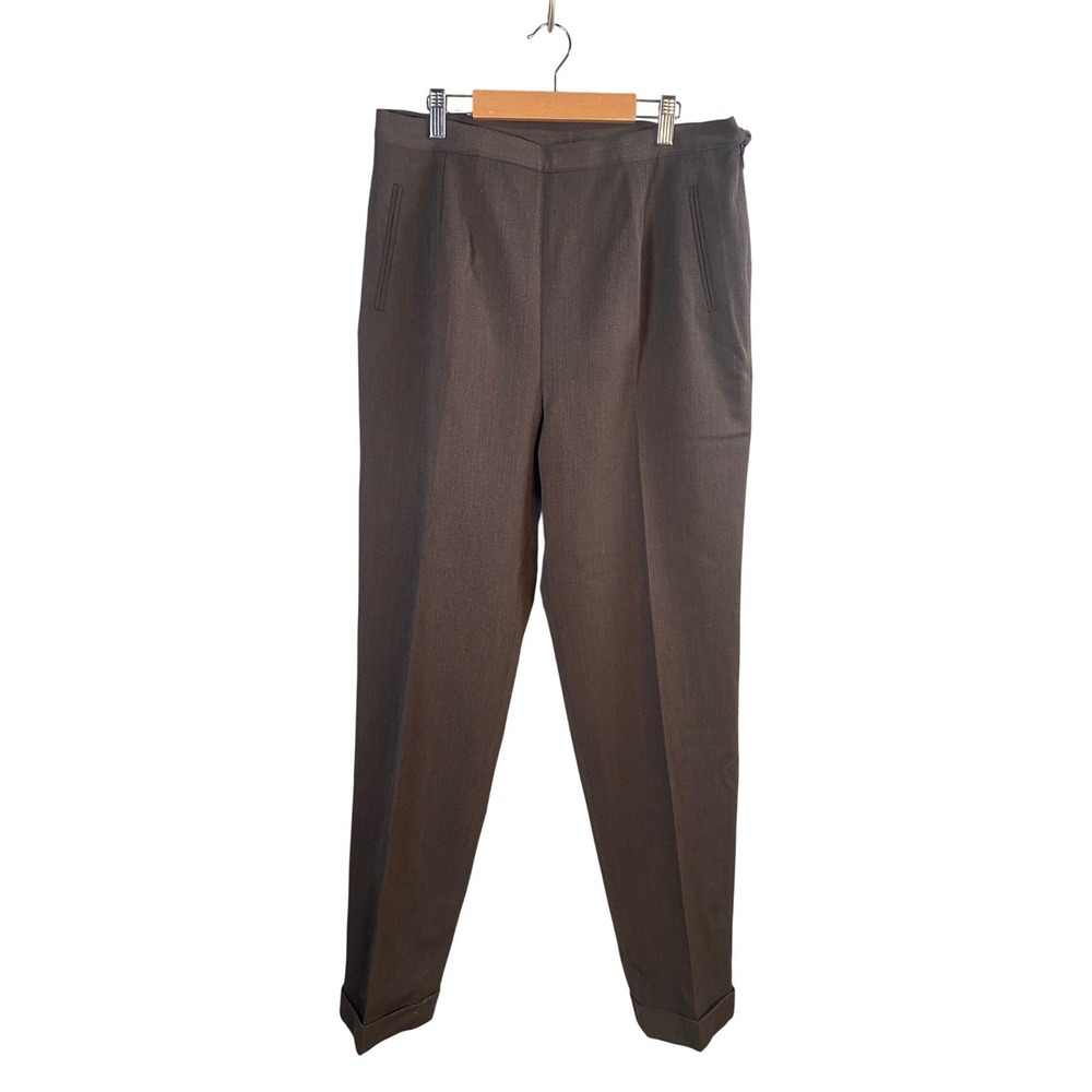 Lauren Ralph Lauren Trousers Womens 14 Brown Wool Blend Pleated Side Zip Cuffed